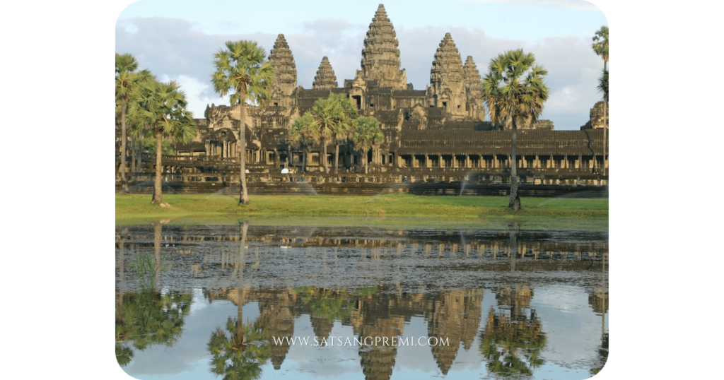 A wide-angle photo of Angkor Wat at sunrise with its reflection in the water – perfect to show its beauty.