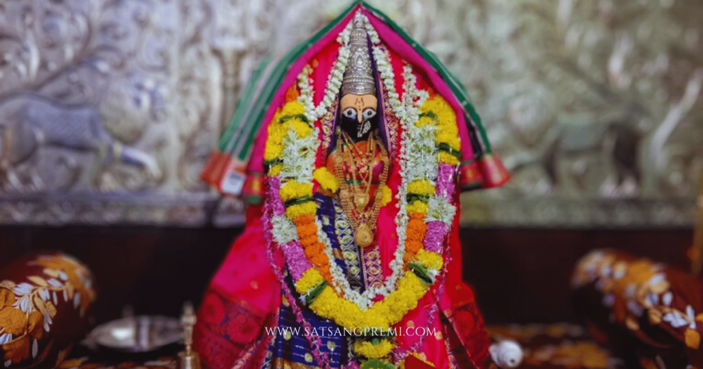 Close-up of Goddess Tulja Bhavani idol or decorated altar on festival day